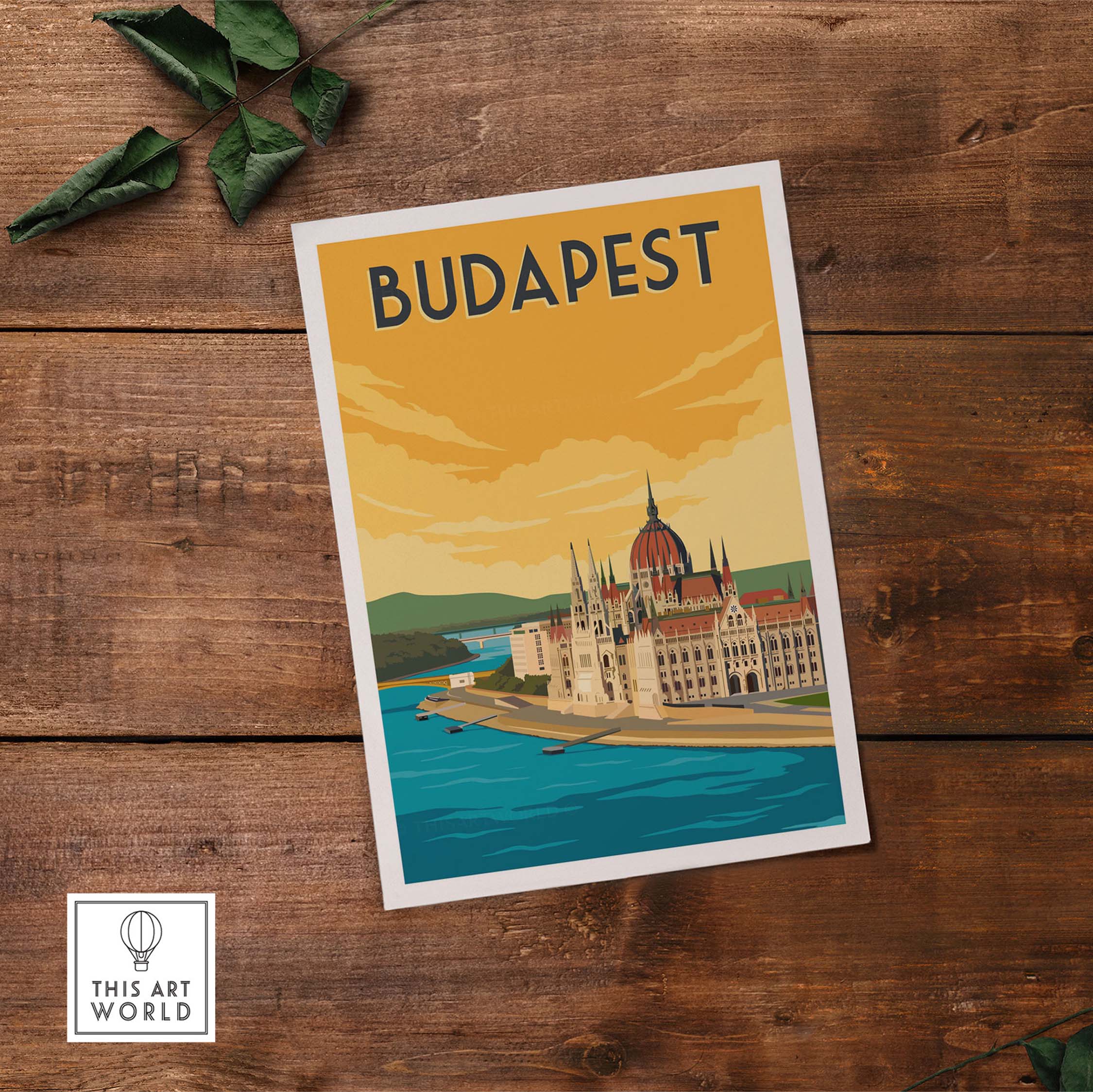 Budapest vintage print poster art featuring iconic architecture and serene water scene, perfect for home decor.