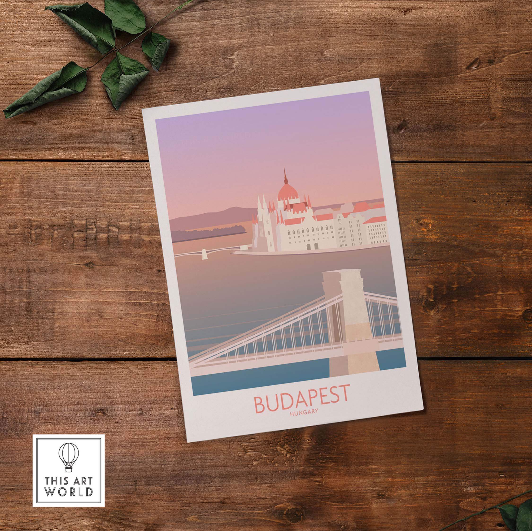 Budapest Print featuring the Chain Bridge and Parliament, a stylish vintage-inspired travel poster art.