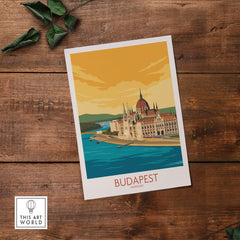 Budapest Poster artwork showcasing the iconic Parliament building in vintage style with a serene river backdrop.