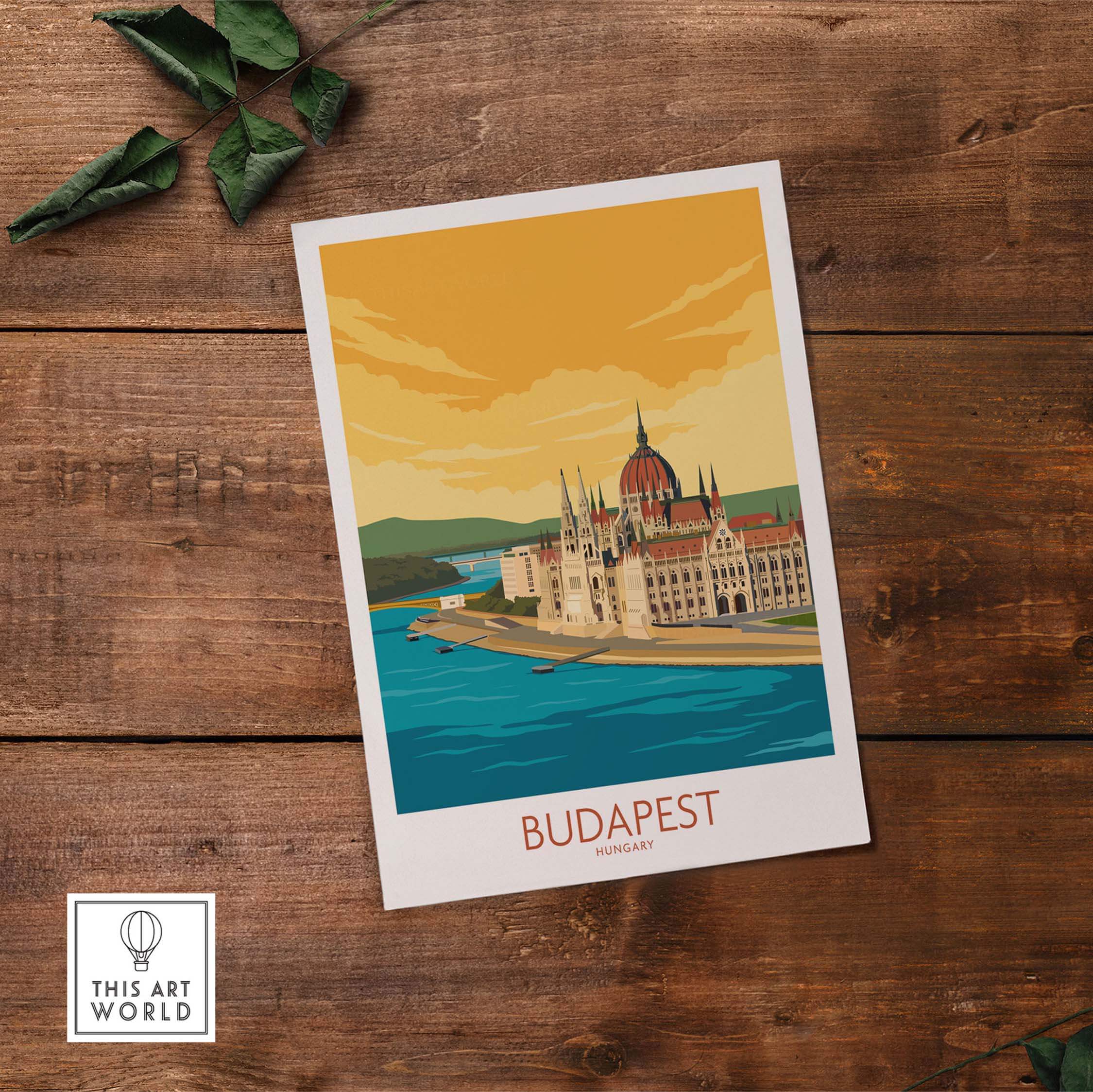 Budapest Poster artwork showcasing the iconic Parliament building in vintage style with a serene river backdrop.
