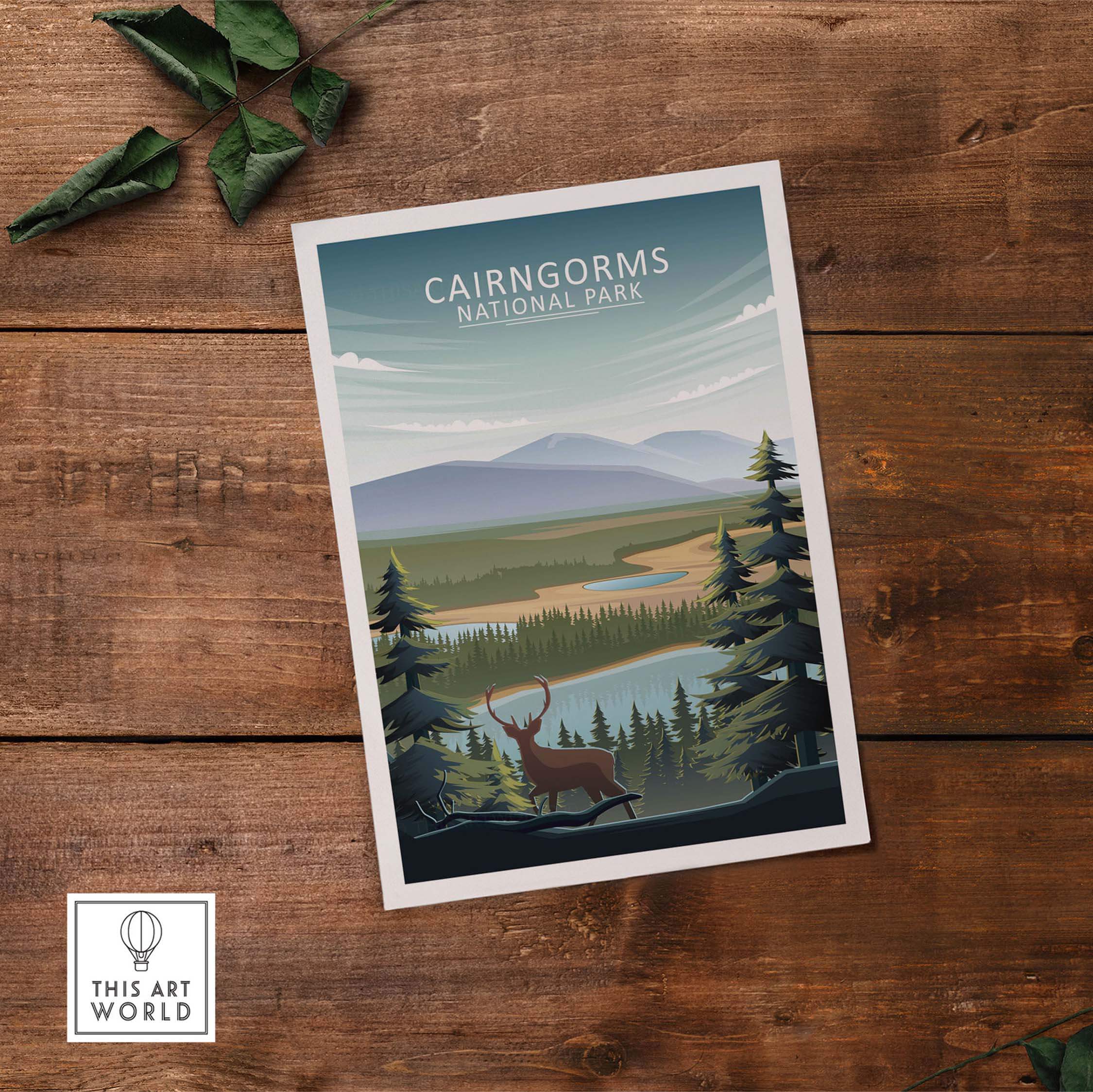 Cairngorms National Park poster featuring serene landscape art with deer and forests.