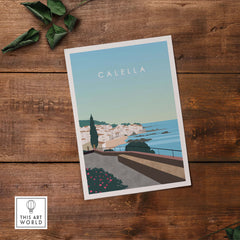 Calella Spain Print Poster featuring a coastal view, perfect for adding vintage travel style to home decor.