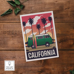 California poster wall art print featuring a vintage camper van and palm trees, perfect for travel enthusiasts.