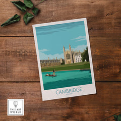 Cambridge travel art print featuring King's College on a tranquil river, perfect for wanderlust decor.
