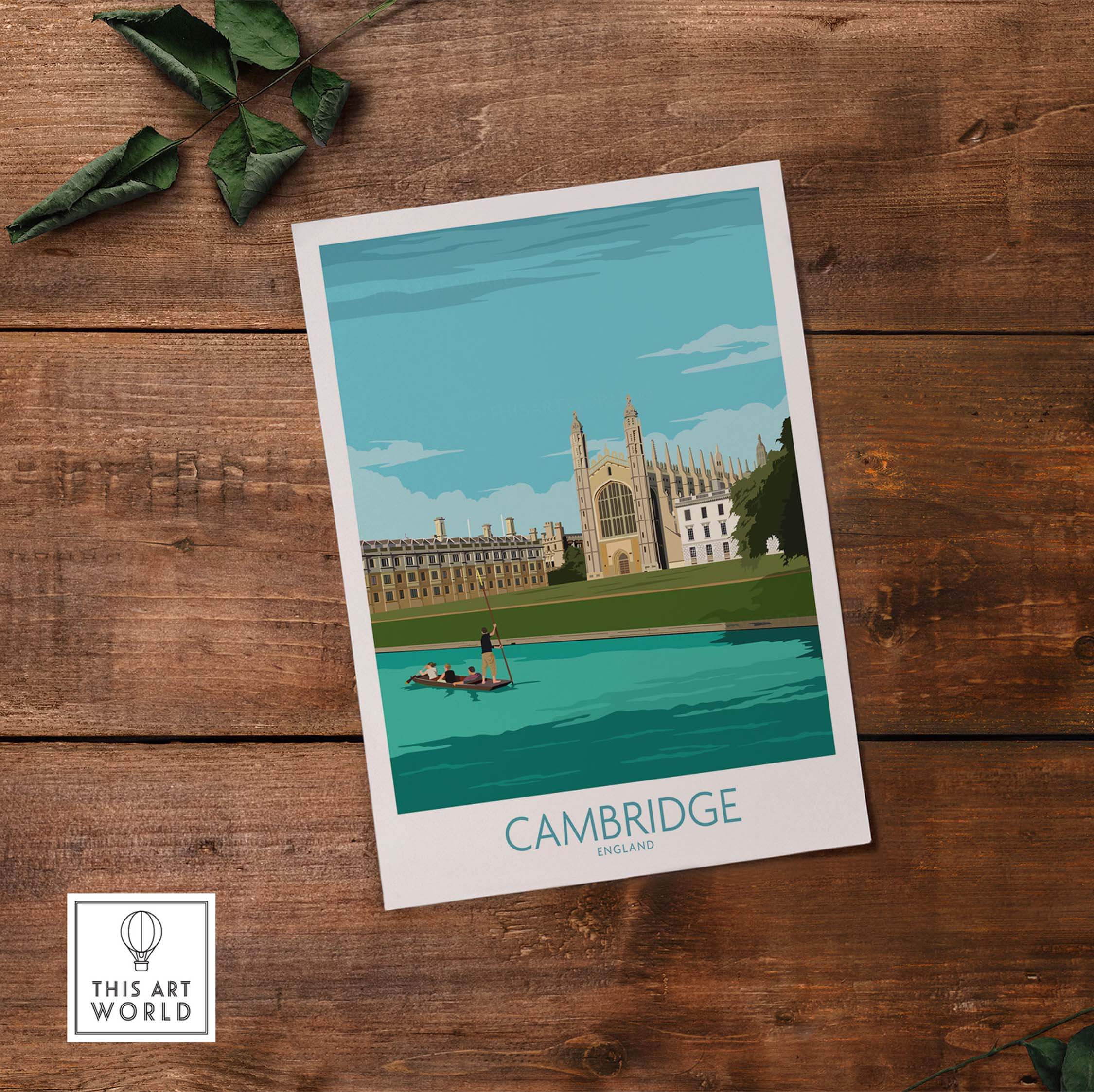 Cambridge travel art print featuring King's College on a tranquil river, perfect for wanderlust decor.