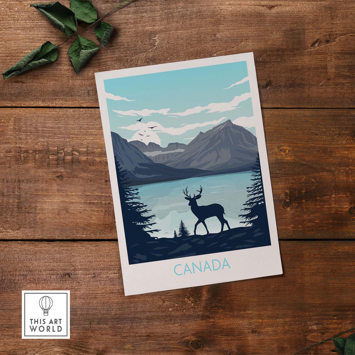 Canada travel poster print featuring mountains and a stag silhouette with a vintage design.