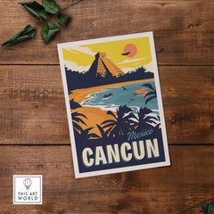 Cancun wall art print featuring vintage-style illustration of beach, pyramids, and sunset, perfect for travel lovers.