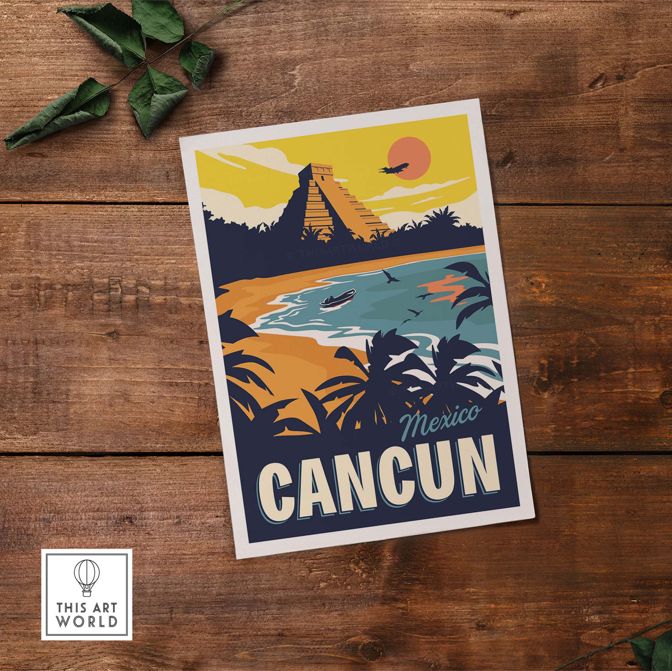 Cancun wall art print featuring vintage-style illustration of beach, pyramids, and sunset, perfect for travel lovers.