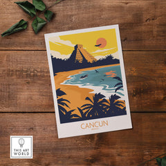 Cancun travel poster print featuring a beach scene with palm trees and a pyramid, perfect for home decor.