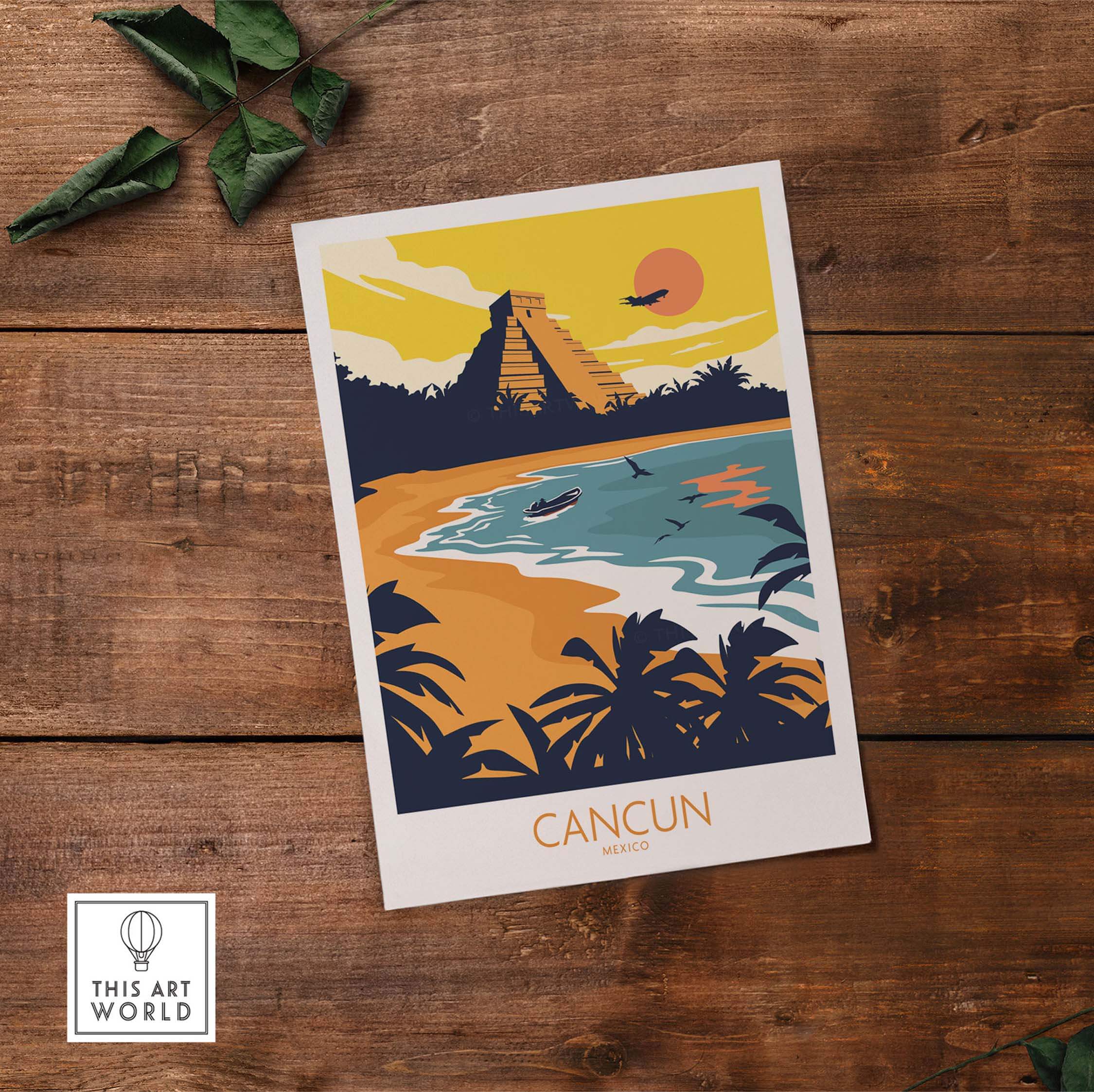 Cancun travel poster print featuring a beach scene with palm trees and a pyramid, perfect for home decor.