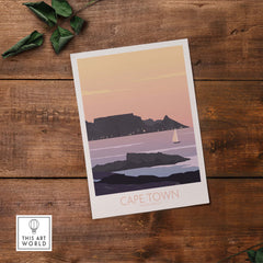 Cape Town Poster Print featuring Table Mountain and a sailboat at sunset, perfect for home or office decor.