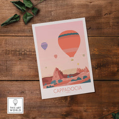 Cappadocia Print featuring colorful hot air balloons over scenic landscapes, perfect for travel-themed wall art.