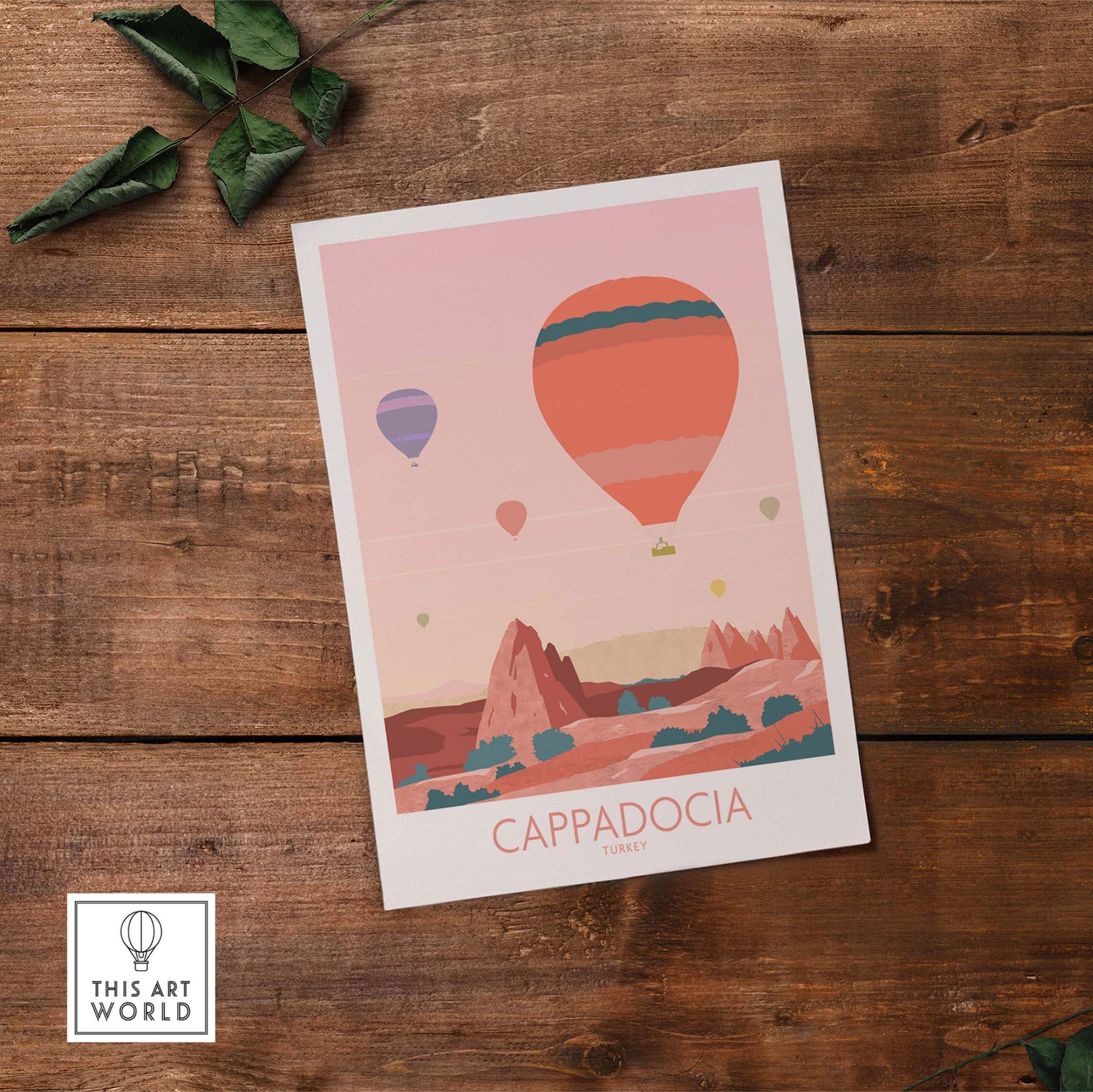Cappadocia Print featuring colorful hot air balloons over scenic landscapes, perfect for travel-themed wall art.
