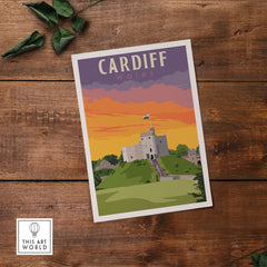 Cardiff Poster Wales Print featuring a vintage design of Cardiff castle with a colorful sunset backdrop.