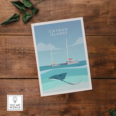Cayman Islands poster print featuring a stingray and sailboats, vibrant Caribbean colors, perfect for home decor.