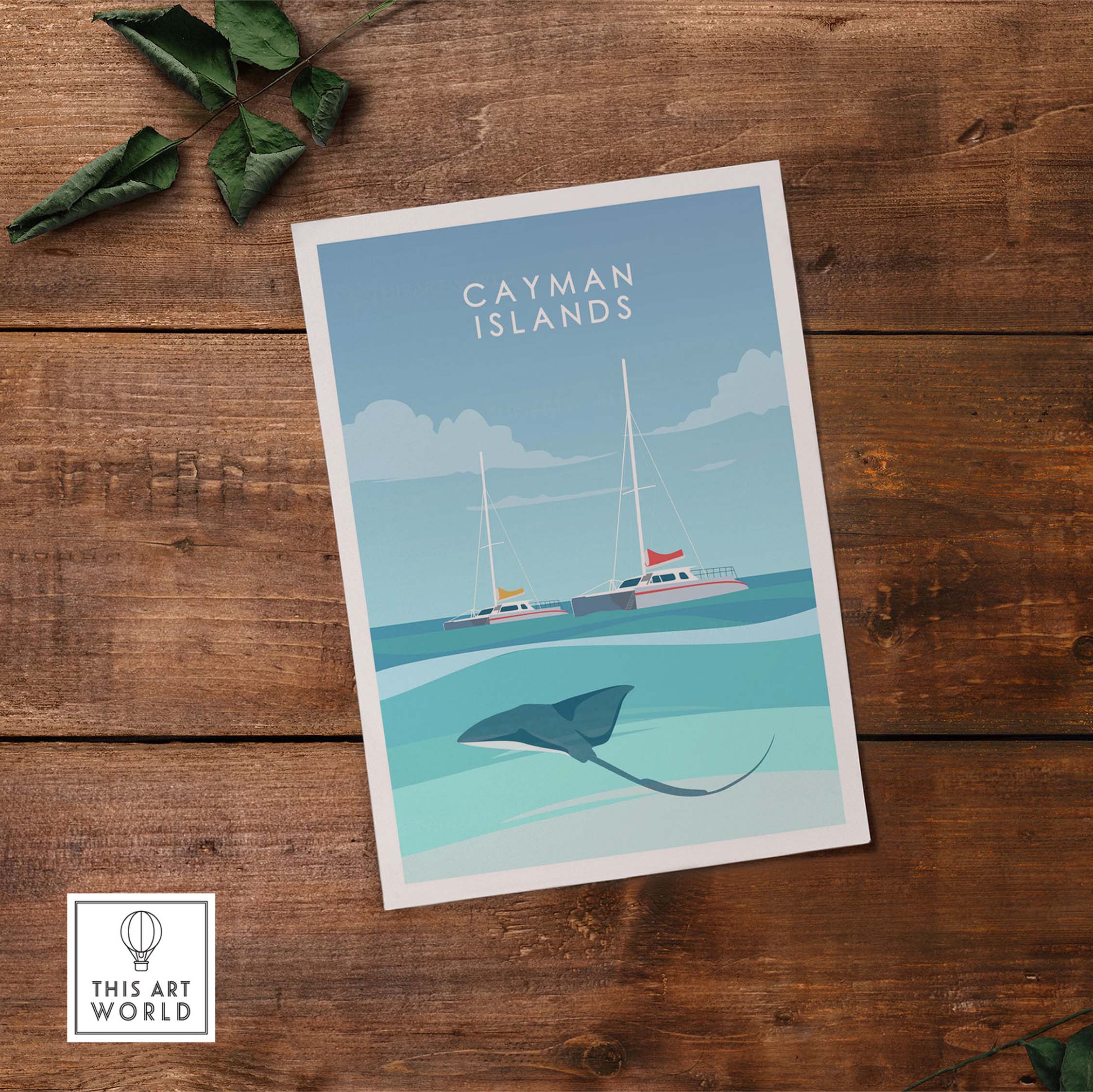 Cayman Islands poster print featuring a stingray and sailboats, vibrant Caribbean colors, perfect for home decor.