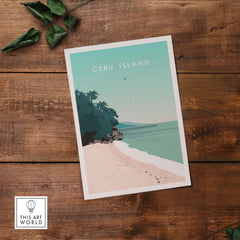 Cebu Island Philippines vintage travel poster with serene beach and palm trees on wooden background.