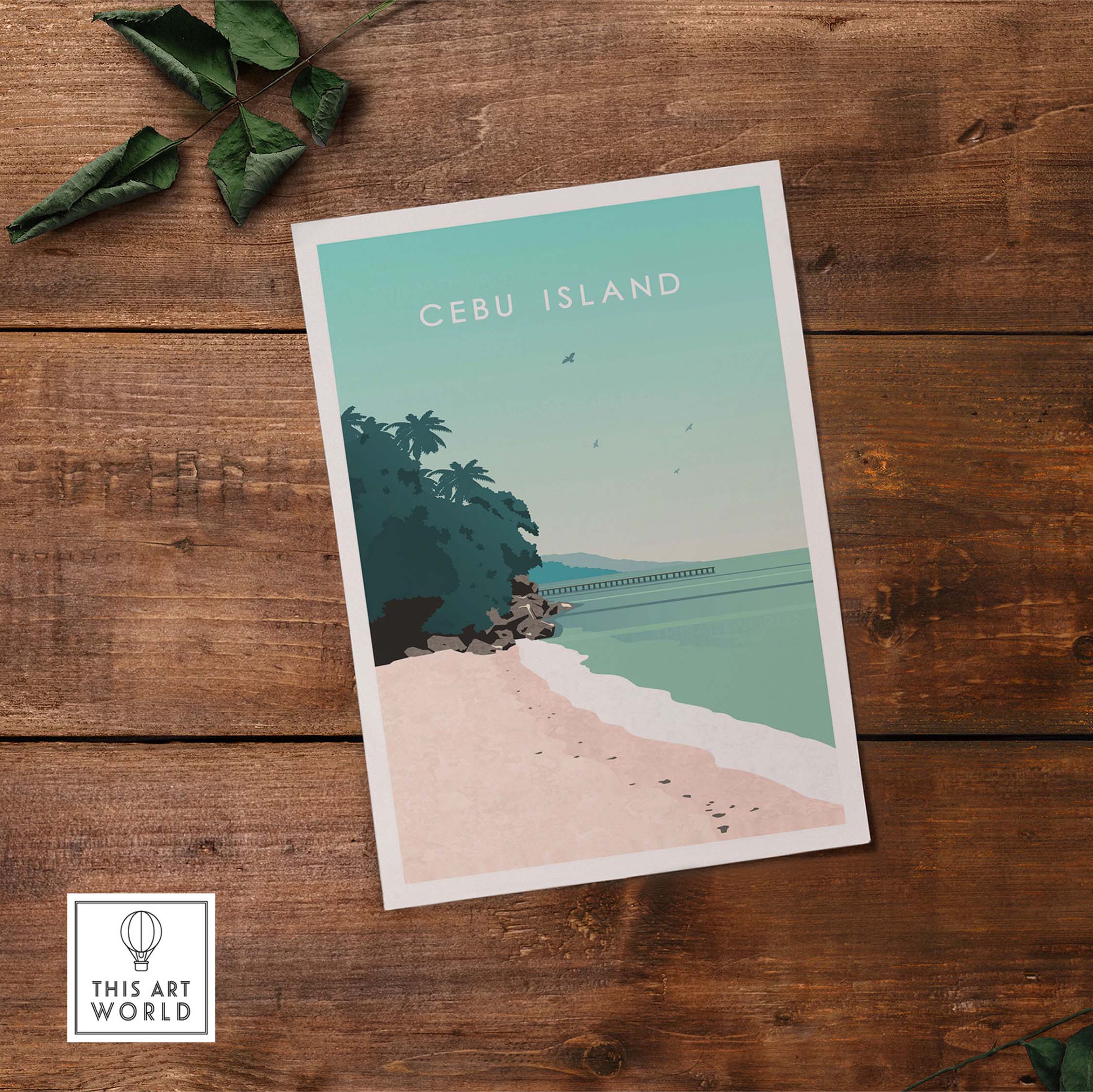 Cebu Island Philippines vintage travel poster with serene beach and palm trees on wooden background.