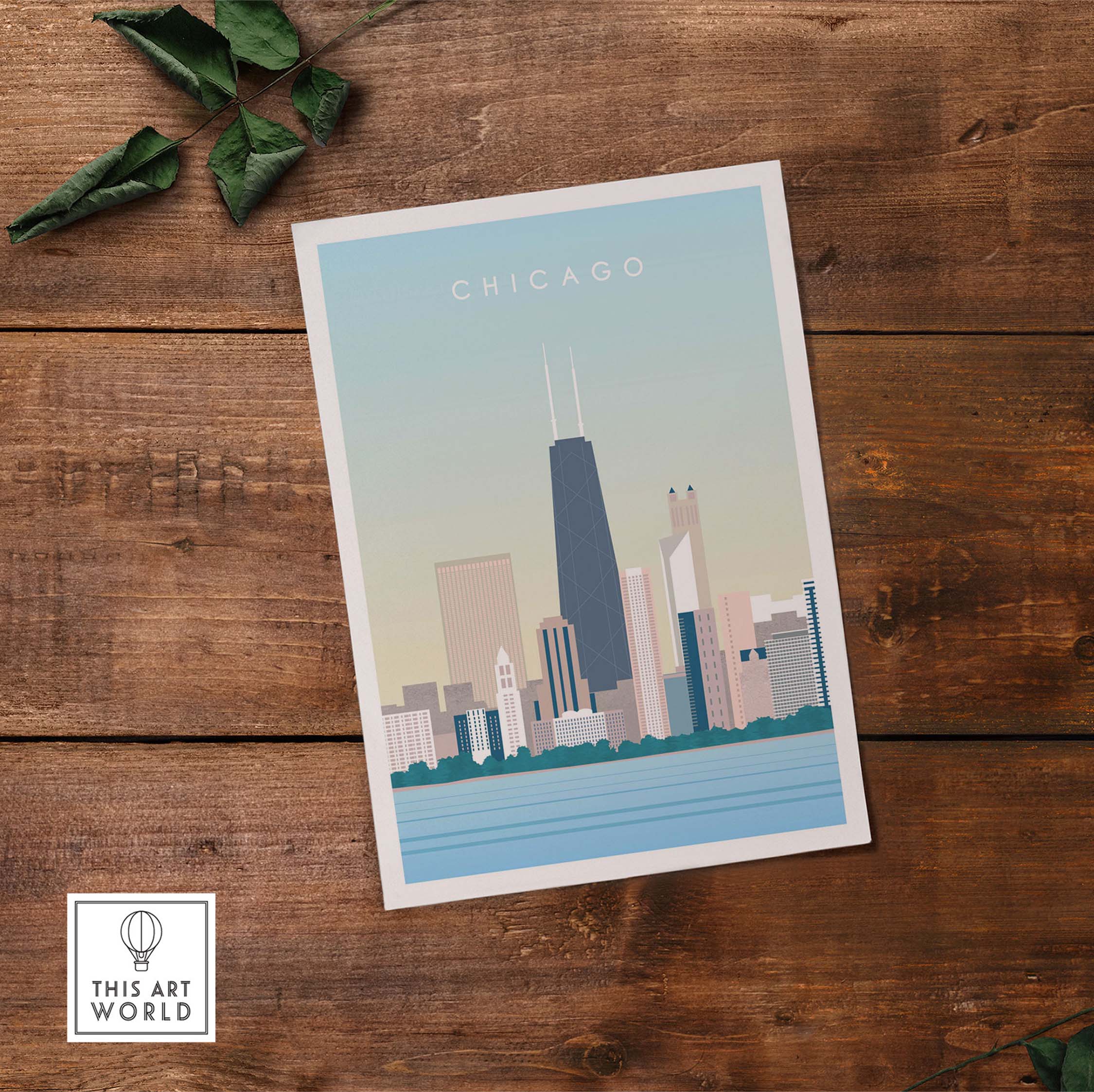 Chicago Print Wall Art Poster featuring a skyline illustration on a rustic wooden background.