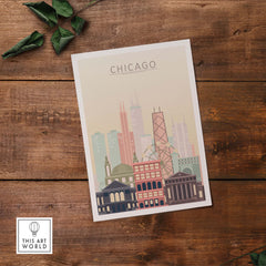 Chicago skyline wall art poster showcasing iconic buildings in warm pastel tones on a wooden background.