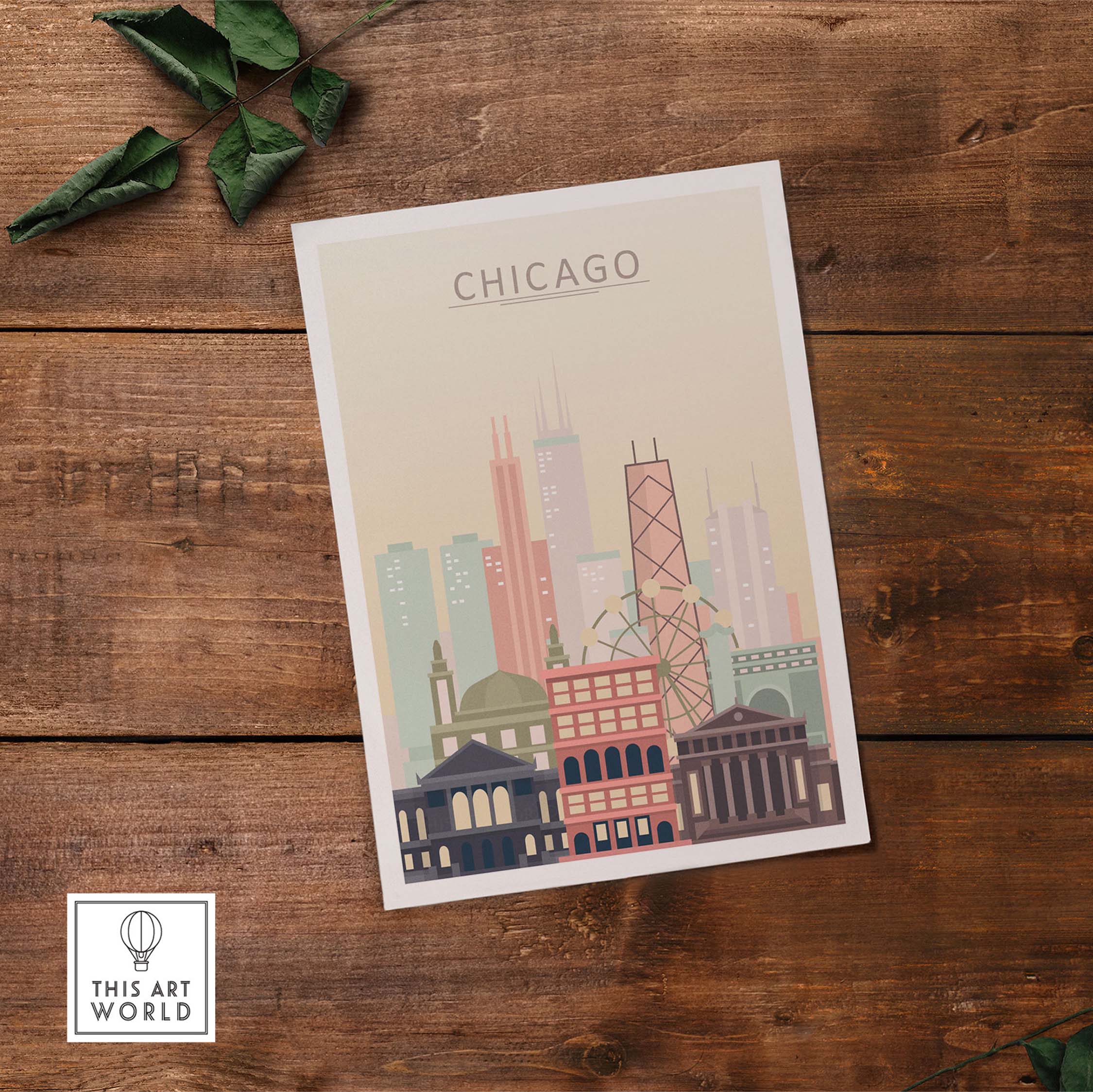 Chicago skyline wall art poster showcasing iconic buildings in warm pastel tones on a wooden background.