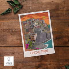 Cinque Terre print showcasing colorful coastal village on wooden background, perfect for travel art lovers.