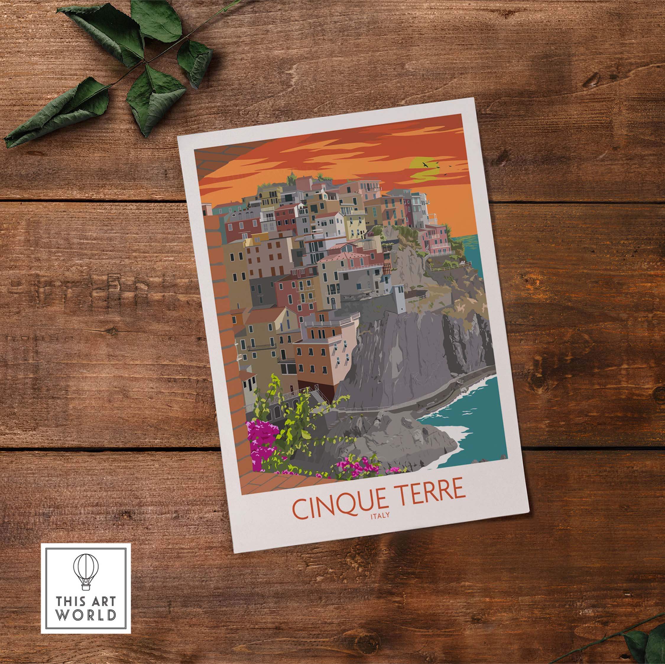 Cinque Terre print showcasing colorful coastal village on wooden background, perfect for travel art lovers.