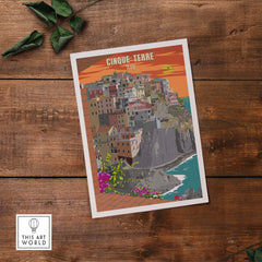 Cinque Terre Italy vintage travel poster print wall art on wood background, featuring colorful coastal village scenery.