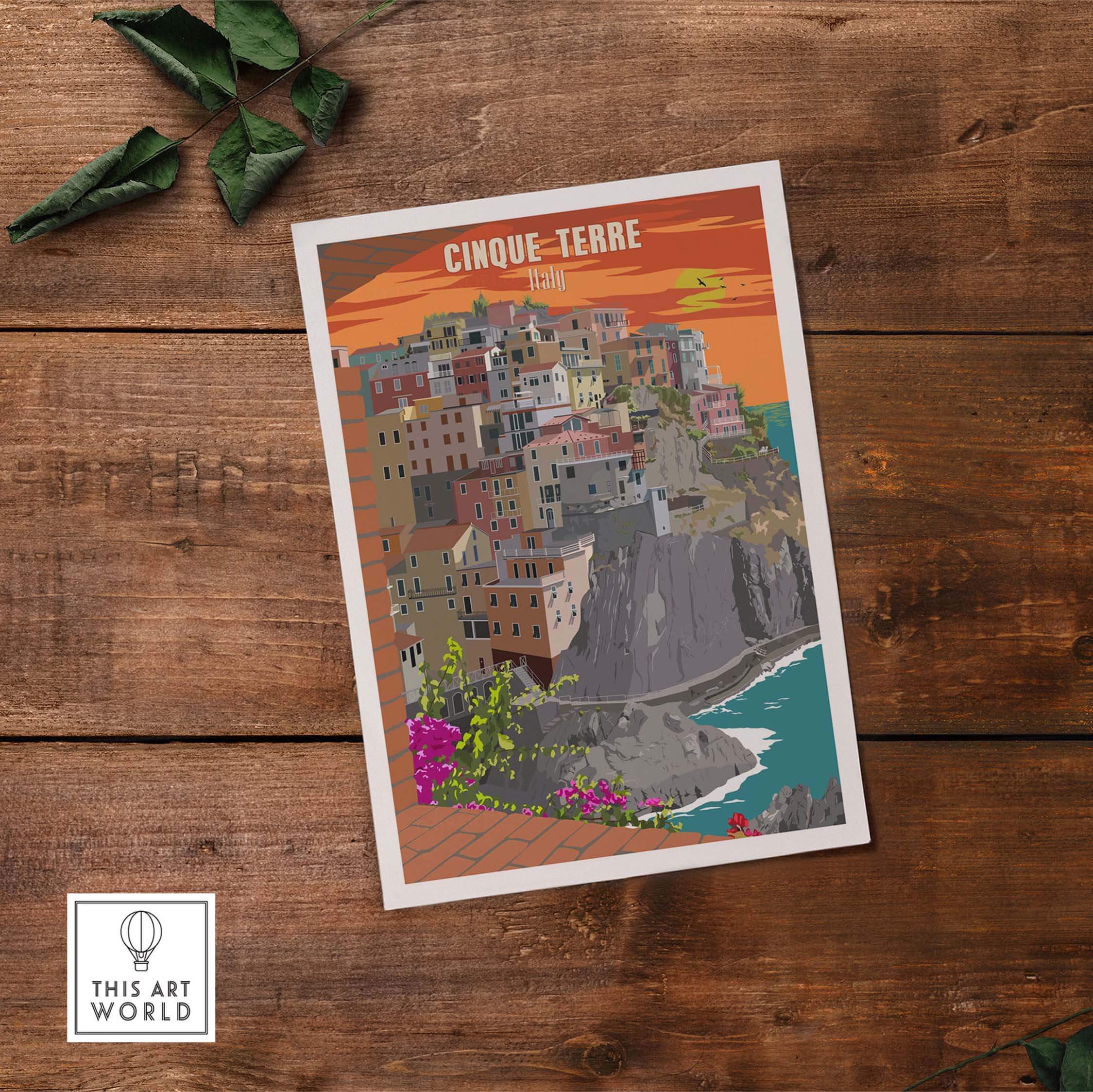 Cinque Terre Italy vintage travel poster print wall art on wood background, featuring colorful coastal village scenery.