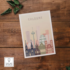 Cologne skyline print wall art in warm pastel tones highlighting iconic architecture.