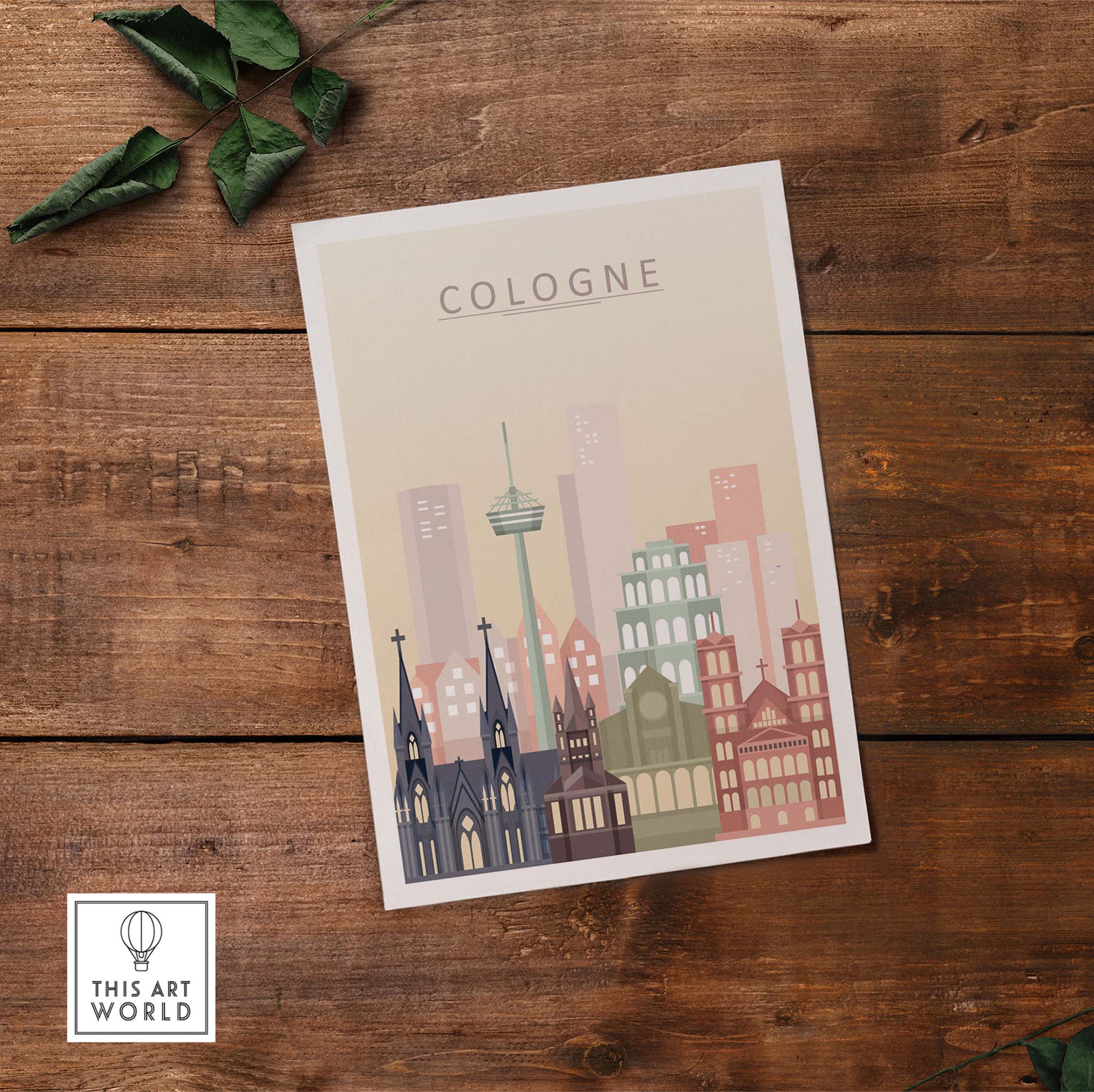 Cologne skyline print wall art in warm pastel tones highlighting iconic architecture.