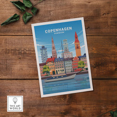 Copenhagen Print art showcasing colorful buildings and a boat on the water, inspired by vintage travel posters.