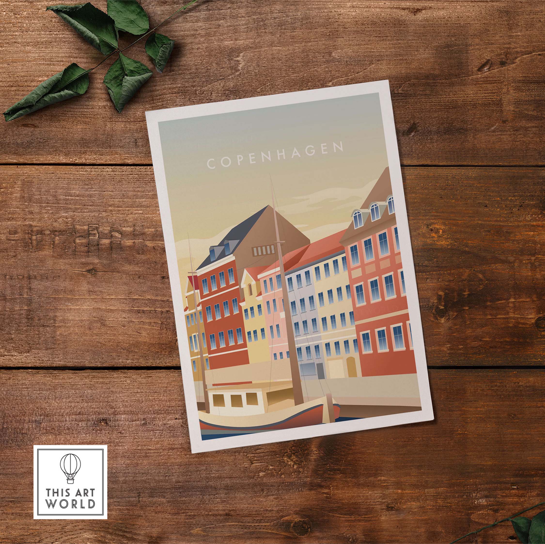 Copenhagen Wall Art Poster featuring colorful buildings and serene water, perfect for vintage travel decor.