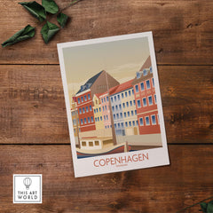 Copenhagen Wall Art print featuring colorful buildings and boats on a wooden table, inspired by vintage travel posters.