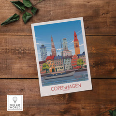 Copenhagen Wall Art Print featuring colorful buildings and a boat, perfect for home or office decor. Sustainable and stylish design.