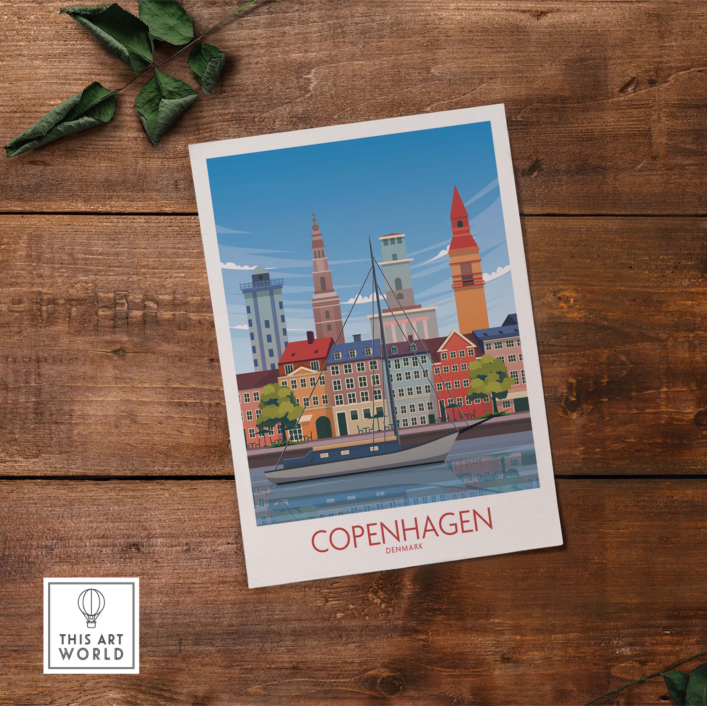 Copenhagen Wall Art Print featuring colorful buildings and a boat, perfect for home or office decor. Sustainable and stylish design.