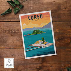 Corfu Print Greece Poster depicting a scenic landscape, showcasing vibrant colors and vintage travel art style.