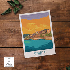 Corsica Poster France showcasing vintage travel art with vibrant colors and scenic coastal view, perfect for home decor.