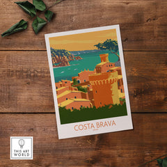 Costa Brava poster showcasing vibrant vintage-style artwork of Spain's scenic coastline and architecture.