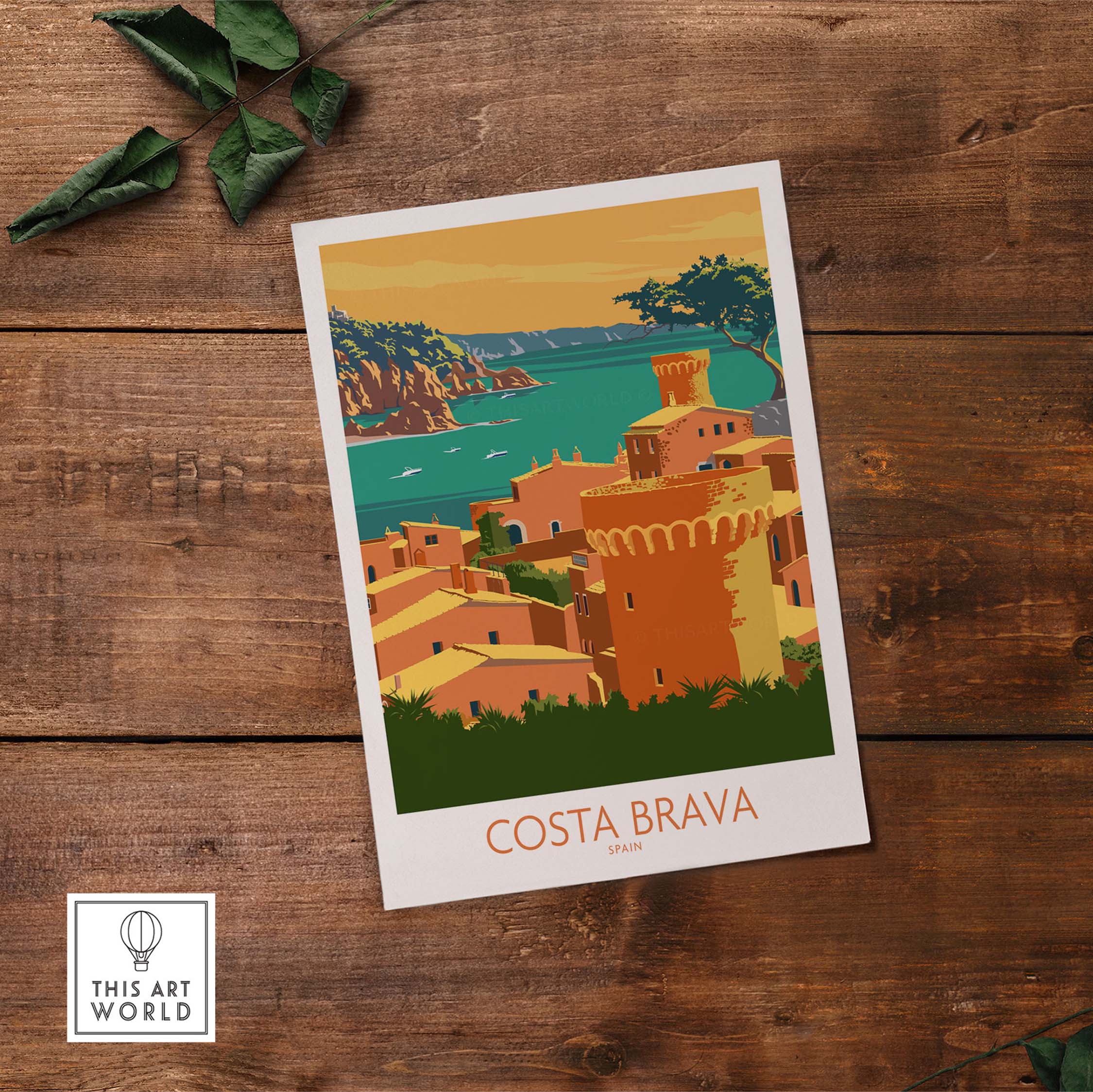 Costa Brava poster showcasing vibrant vintage-style artwork of Spain's scenic coastline and architecture.