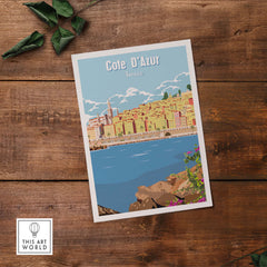 Cote d'Azur poster print wall art featuring a scenic view of France's coastline and vintage style.
