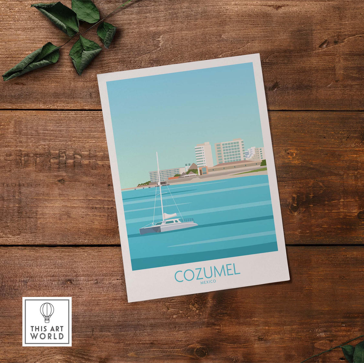 Cozumel poster showcasing a serene beach scene with a sailboat, perfect for adding vintage travel charm to your decor.
