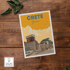 Vintage-inspired travel poster of Crete, Greece, showcasing scenic architecture and a bright sky.