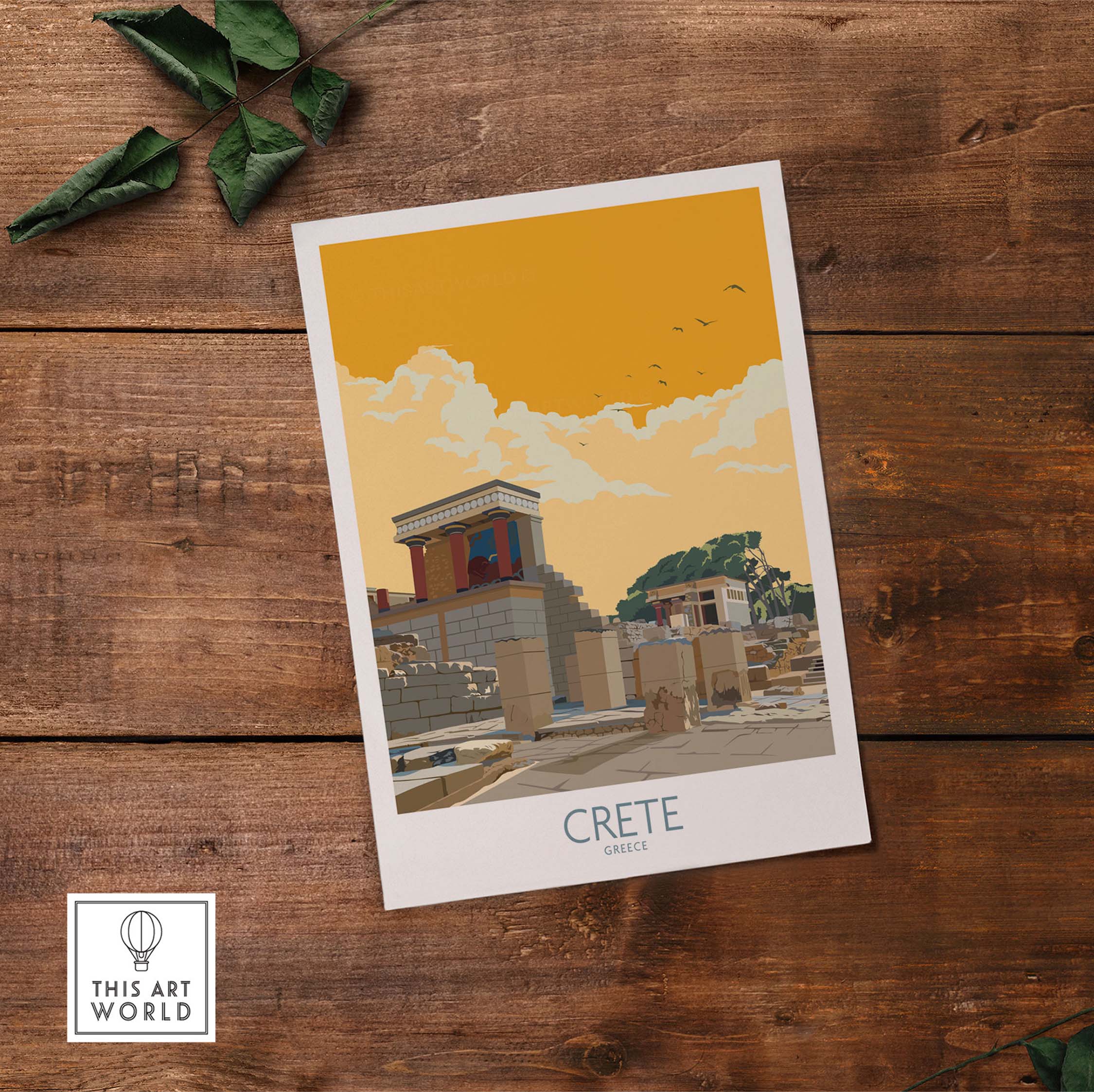 Crete Greece vintage-inspired travel poster with vibrant colors and scenic landscape, perfect for home or office decor.