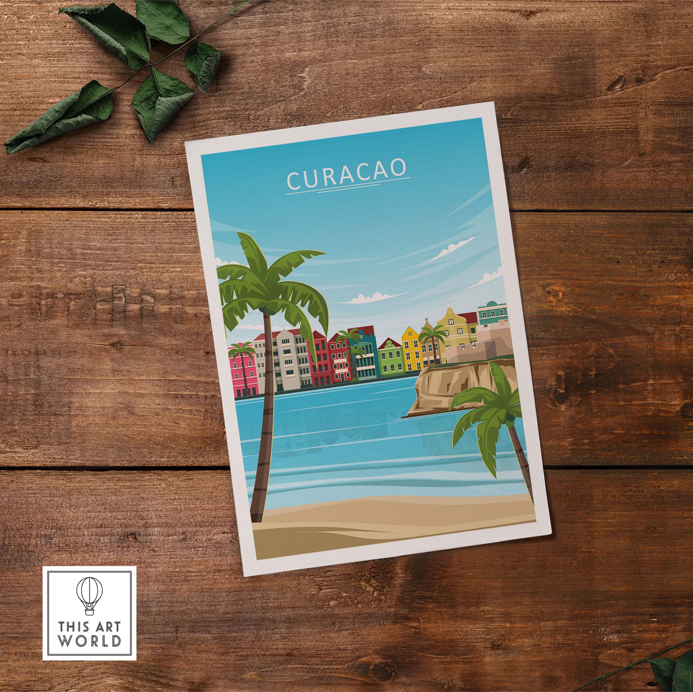 Curacao poster print featuring colorful buildings, palm trees, and a serene beach scene in a minimalist style.