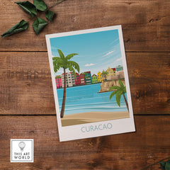Curacao wall art travel poster featuring vibrant houses and palm trees by the ocean, perfect for adding a nostalgic touch to any space.