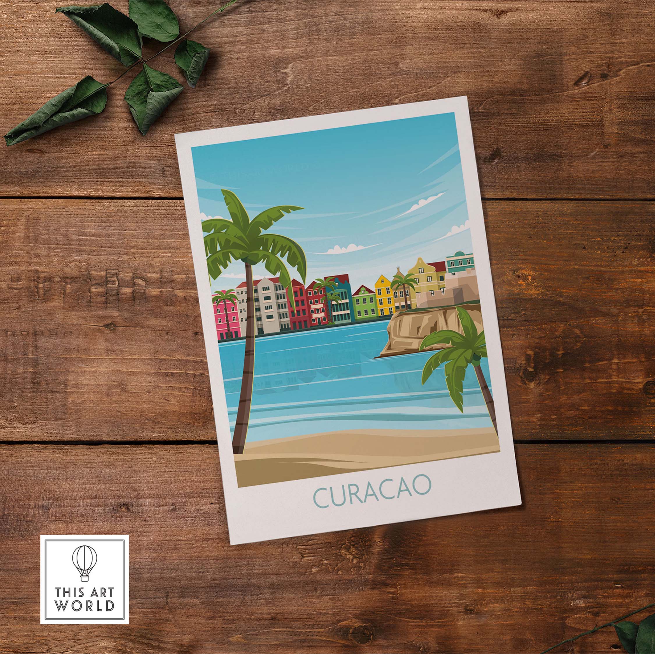 Curacao wall art travel poster featuring vibrant houses and palm trees by the ocean, perfect for adding a nostalgic touch to any space.
