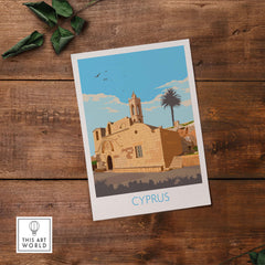 Cyprus poster print showcasing a minimalist vintage design of a historical building and palm trees.