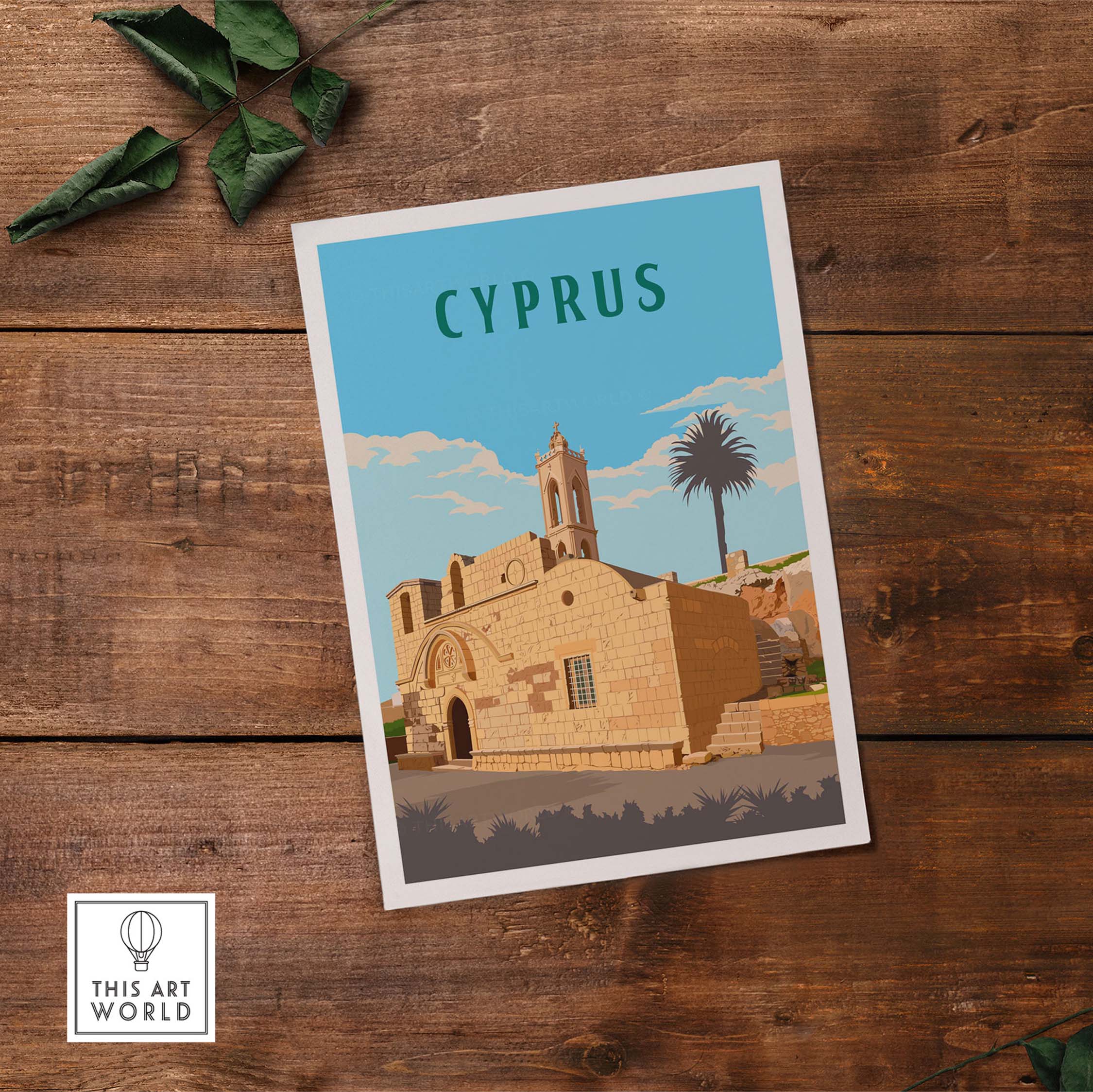 Vintage Cyprus print featuring a historic building and palm tree, inspired by travel nostalgia, stylish wall art.