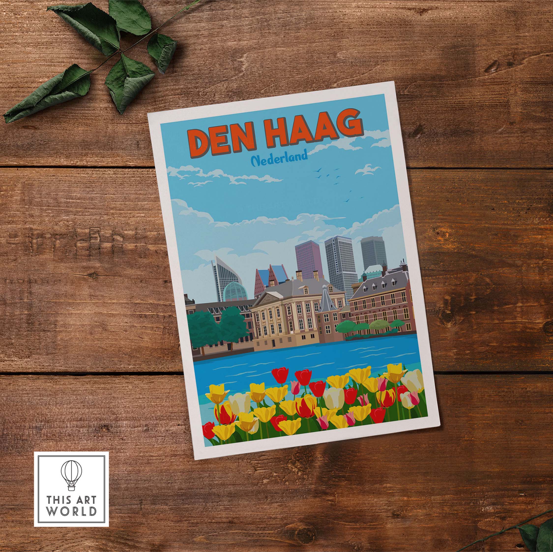 Den Haag Wall Art Print featuring tulips and cityscape, inspired by vintage travel posters, perfect for home decor.